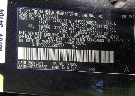 2013 Toyota Sienna Xle V6 8 Passenger из США, поврежденный, VIN 5TDYK3DC0DS382777